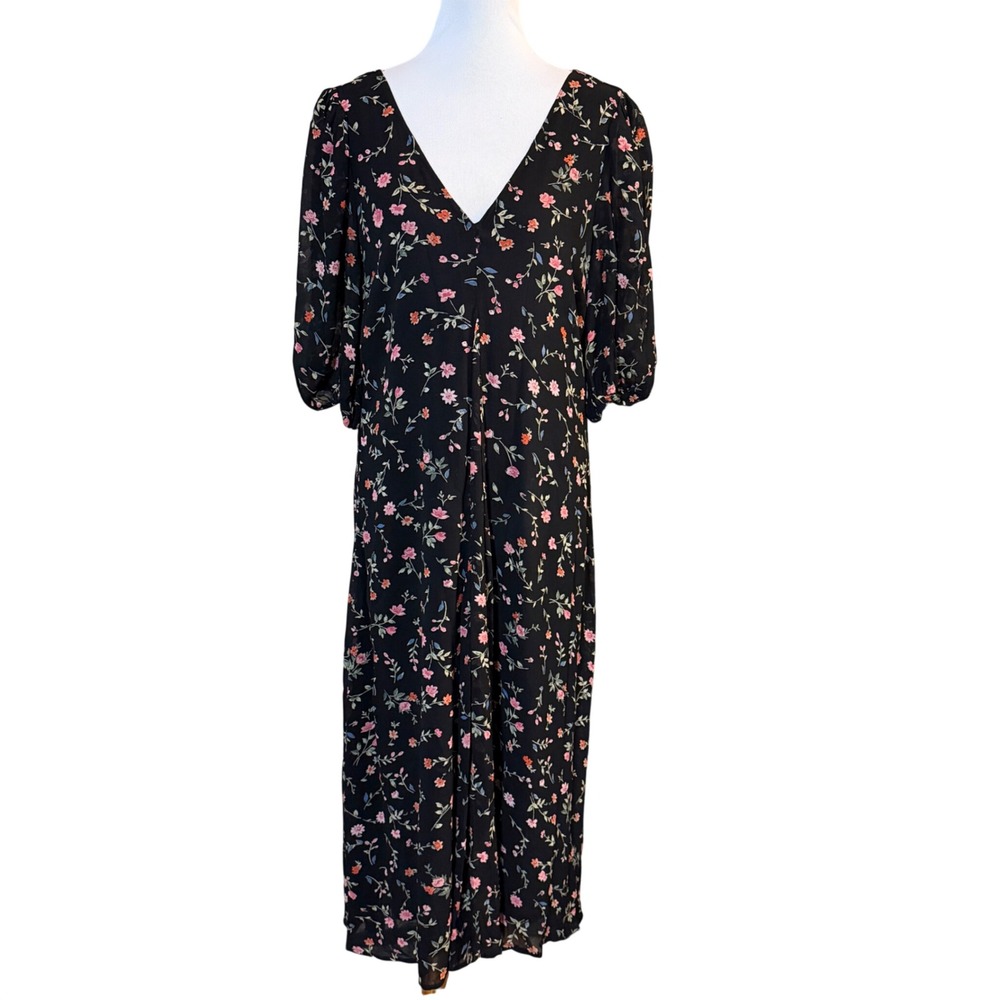 Ganni Floral Midi Dress Womens 40 Black V-Neck Puff Sleeve Scandi Boho